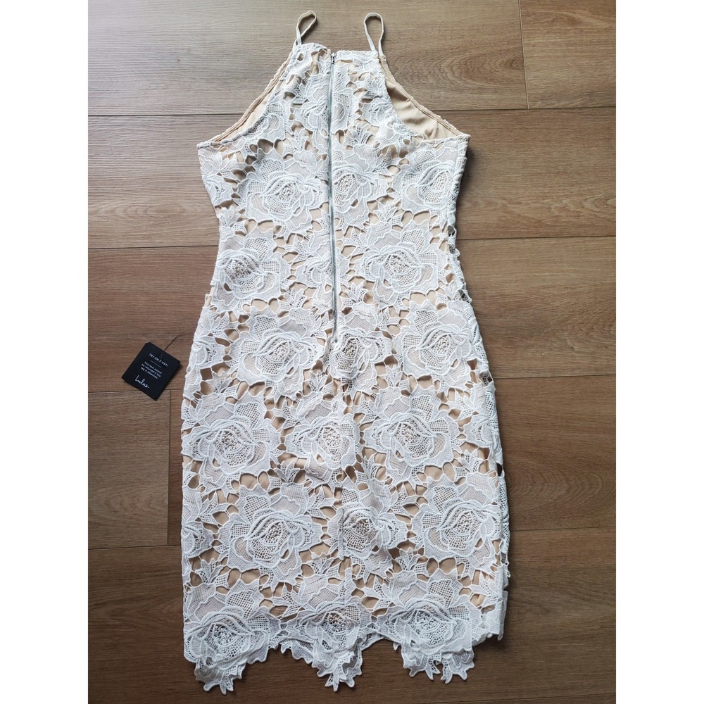 Lulus White Floral Crochet Lace Halter Sheath Dress Nude Lining NWT Large - Picture 10 of 14
